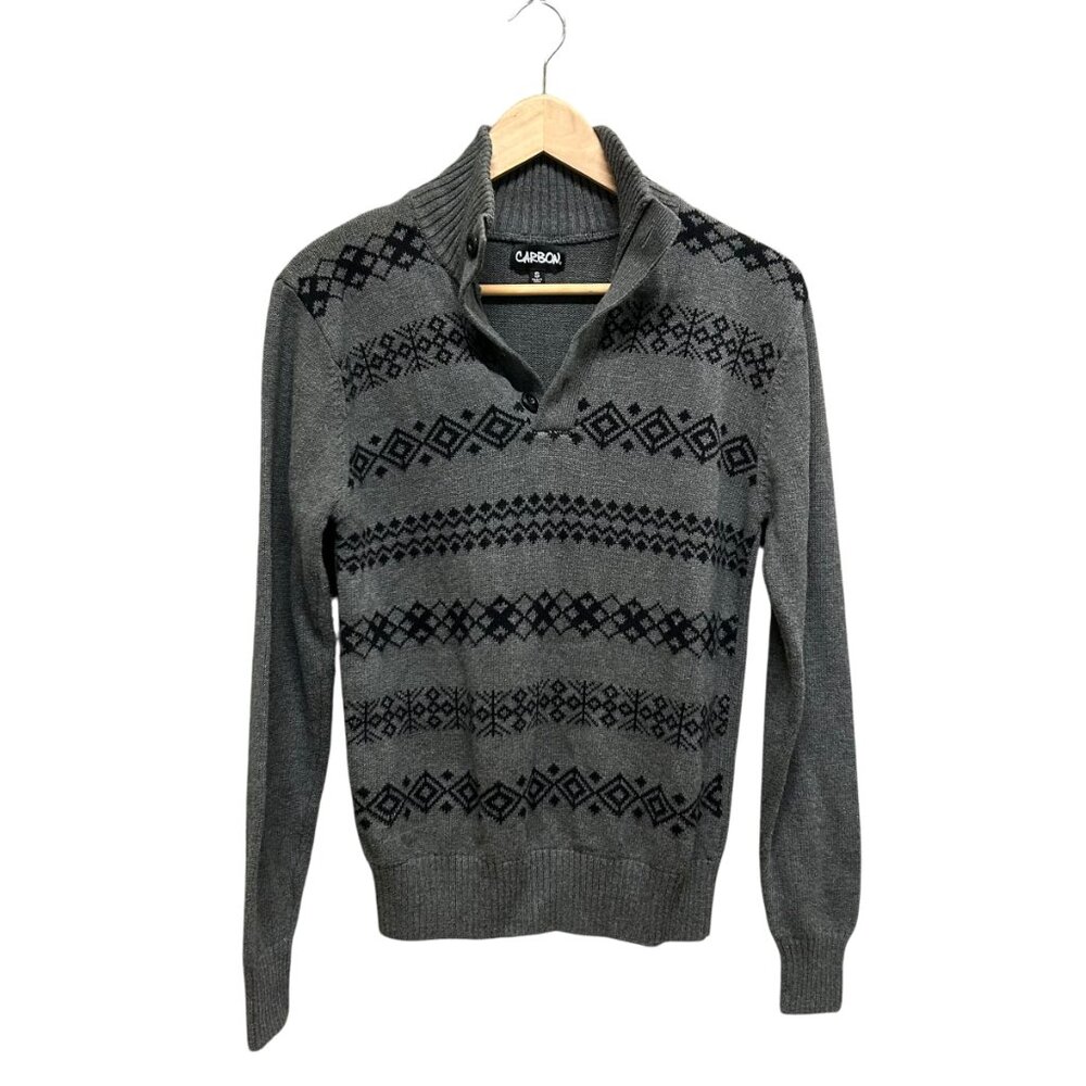 Carbon Gray Black Pattern 1/4 button Long Sleeve Knit Sweater Size S
